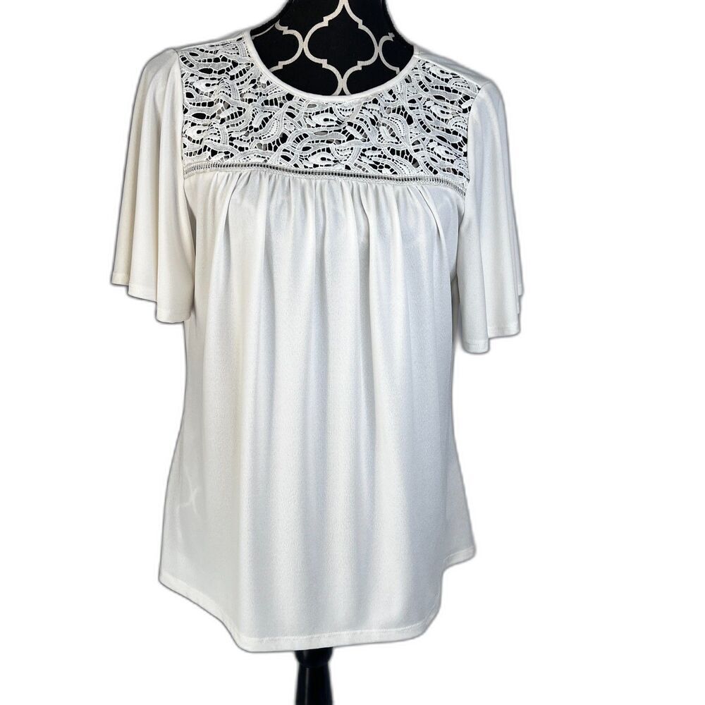 Adrianna Papell Lace Bodice Short Sleeve White Blouse Size Small